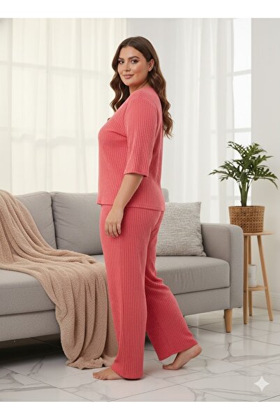 FAMES PİJAMA Women's Pink Plus Size Pajama Set