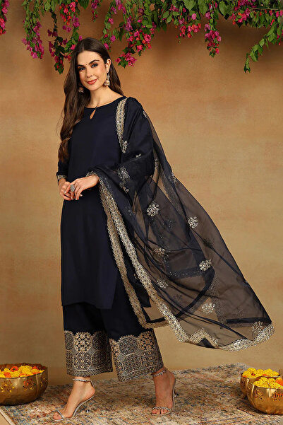 ZERE Navy Blue Silk Blend Solid Embroidered Straight Kurta Set