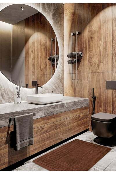 ETHNIC Set of 2 Bath Mats Model 2518, Brown, Anti-Slip, Anti-Allergic, Polypr...