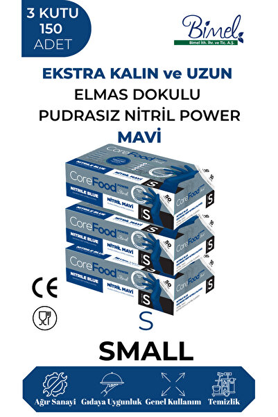 COREFOOD Nitril Mavi Power Pudrasız Muayene Eldiveni S- 3 Paket 50 li