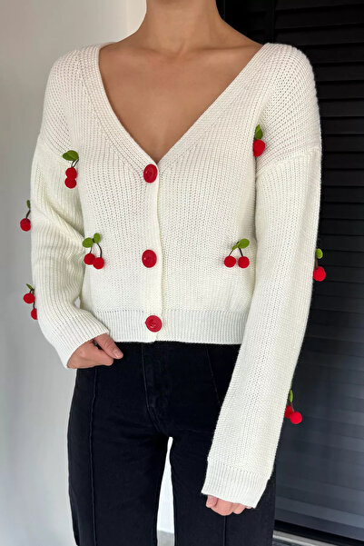 ZehraGül Krem Kiraz Aksesuarlı Kadın Triko Hırka ( S,m,l Uyumludur)