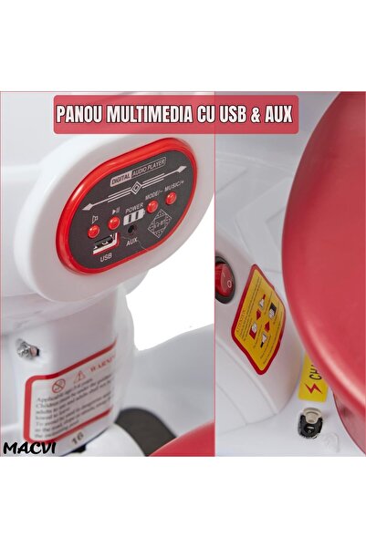 MACVI ® electric car for kids 3-6, remote/manual control, 6V, LED lights, seatbelt, white/maroon.