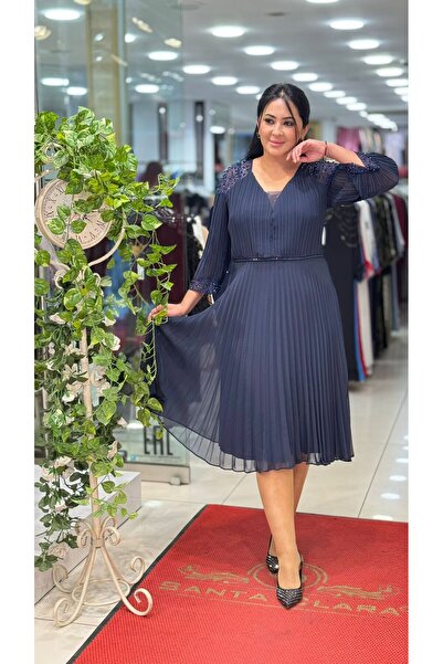 live forever Büyük Beden Tül ve Taş Detaylı Piliseli Şifon Midi Elbise