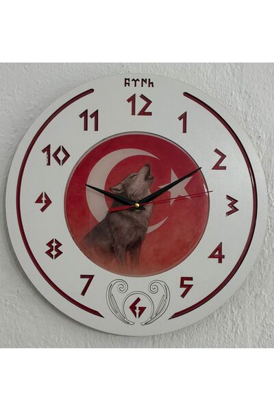 Pelince Kişiye Özel İsimli Bozkurt ve Türk Bayraklı Epoksi Saat | Göktürkçe R...