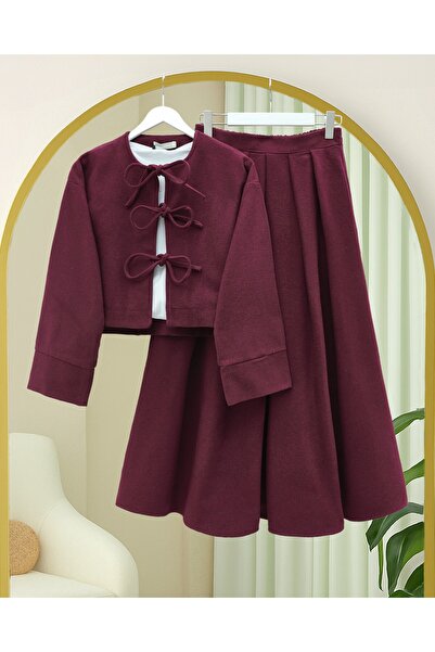 Modamorfo Lace-Up Front Skirted Suit - Burgundy