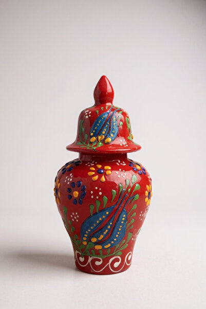 STORESZA El Yapımı Dantel İşçiliği Lale Motifli 15Cm Kırmızı Şah Küp Çini Vazo