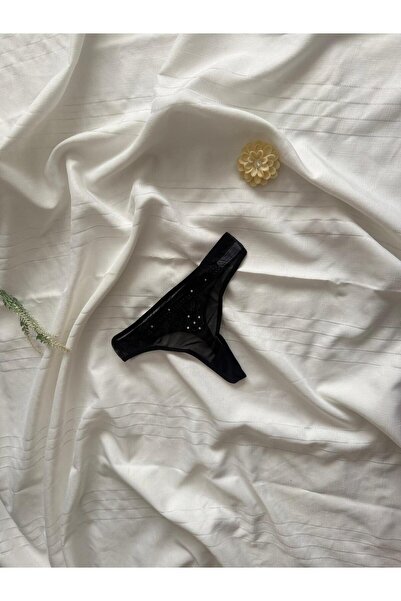 Sweet Love Kadın Dantel Nakışlı Taşlı Siyah Tül Külot