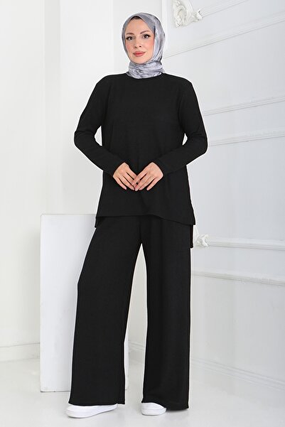 TOFİSA Slit Corded Fabric Ribbed Knit Double Suit Black - 27949-Black