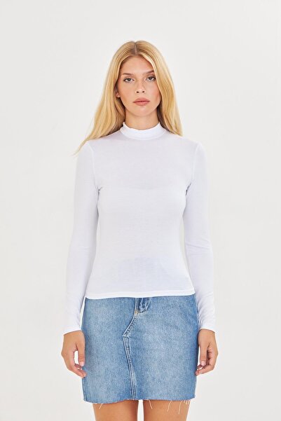 Kutaf Bluză cu mânecă lungă basic pentru femei, albă, cu jumătate de gât, cu formă elastică