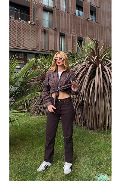 Angel Mia جينز بوي فيت بني غامق