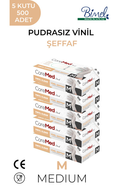 COREMED Vinil Şeffaf Pudrasız Muayene Eldiveni M - 5 Paket 100'lü