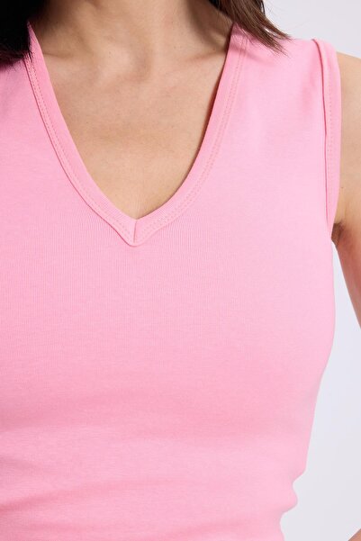 Tudors Women's Slim Fit Slim Fit V-Neck Zero Sleeve Cotton Ribbed Pink Blouse