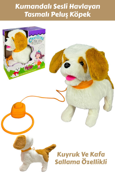 SCOWETTO Peluş Tasmalı Yürüyen Fiyonklu Köpek 25 cm Sesli Havlayan Kafa Ve Ku...
