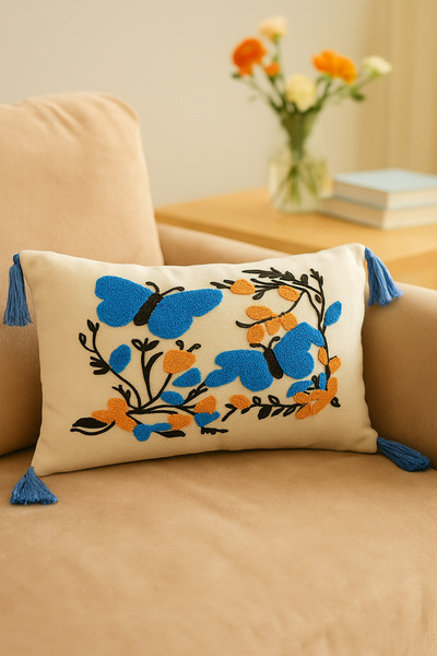 Sepetorium Mavi Kelebek Desenli Punch Boho Kırlent Kılıfı – Püsküllü Dikdörtg...