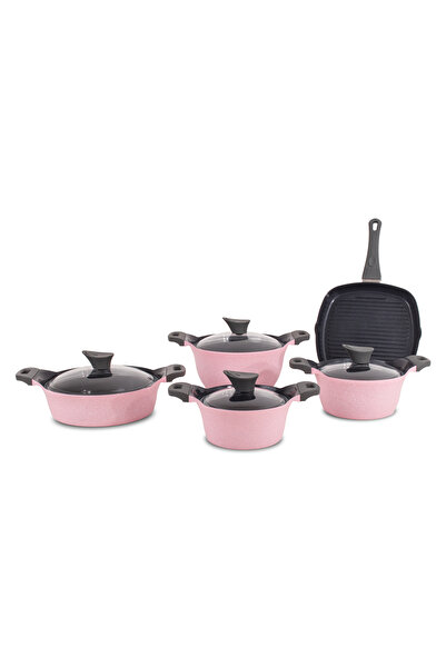 Akdeniz 9 Parça Bakalit Kulplu Cam Kapaklı İndüksiyon Tabanlı Döküm Set Pembe