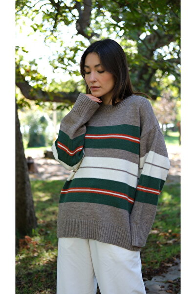 Butik Una Fiaba-Vizon Color supradimensionat guler rotund Pulover din tricot ...