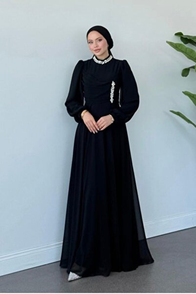 GÜZELLER Şifon Broşlu Boğazı Taşlı İsteme Söz Nişan Nikah Özel Gün Elbisesi Abiyesi