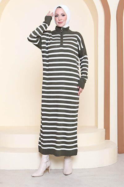 TOFİSA Zippered Striped Knitwear Dress Khaki - 27931-Haki