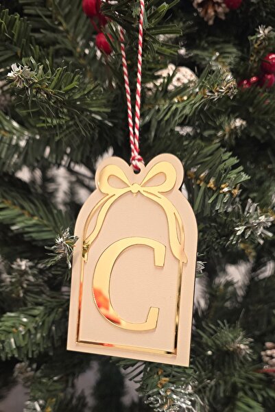 PEKSHOP Initial Letter Window Model Bow Christmas Tree Ornament - Gold Initial Letter and Bow Design New Year Ornament