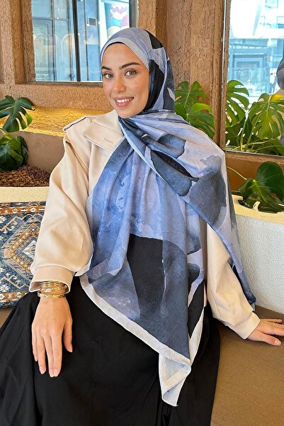 lamelif Yaprak Desen Bambu Şal Bebe Mavisi