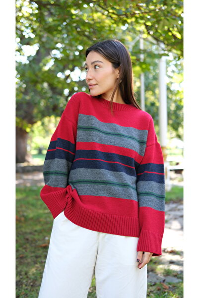 Butik Una Fiaba-Roșu supradimensionat guler rotund Pulover din tricot cu textura moale