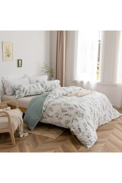 MILDLY Bedding set for 2, 3-piece, 100% washed cotton, 200x200 cm, 2×80x80 cm, white with plant pattern