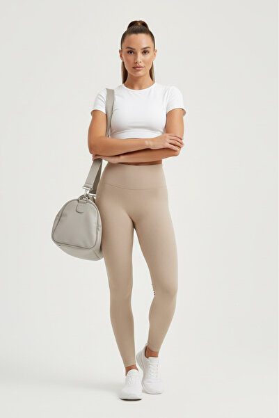 TOFİSA High Waist Corded Fabric Ribbed Knit Leggings Beige - 27951-Bej