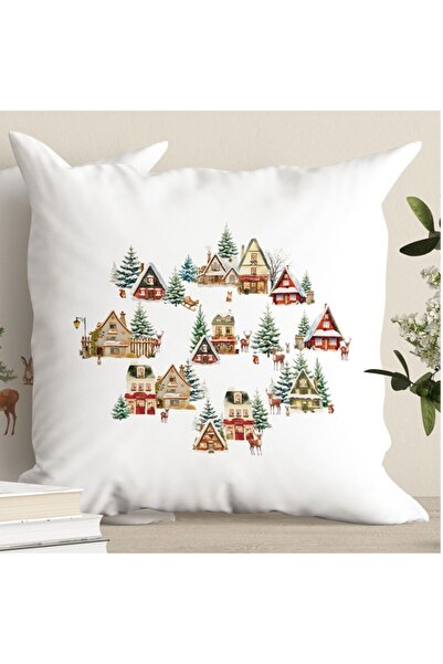 Lenjerii Deosebite Christmas decorative cotton pillowcase with cabins and trees, 45x45cm, Cabin