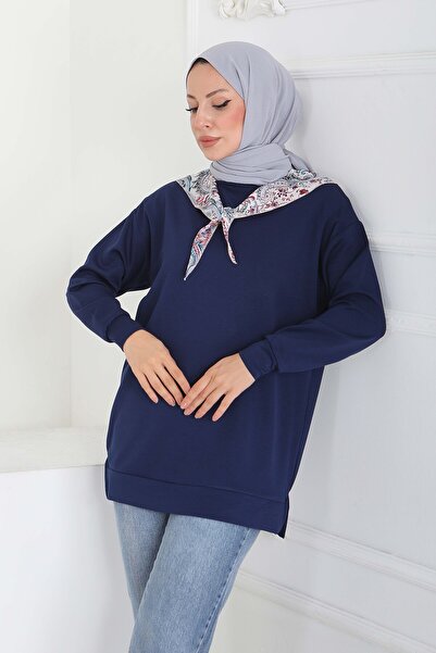 TOFİSA Tunica modal cu eșarfă bleumarin - 27873-BLUEMARIN