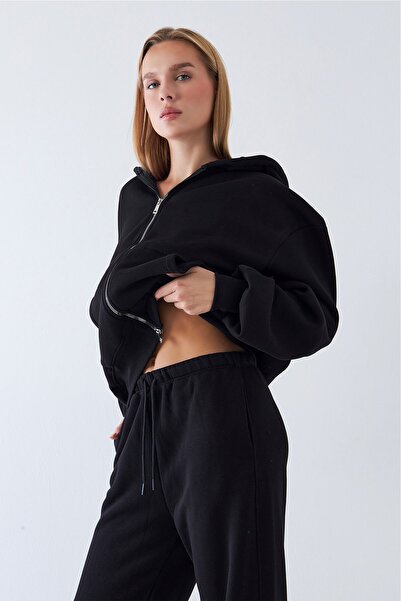 The Champ Clothing Women's Oversized Zip Hoodie Black – Zippered, Hooded , Kangru Pocket, 3 Thread Ş Fleece-Lined Fleece