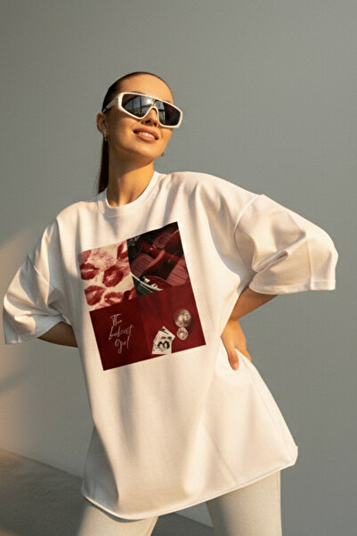 CULTDESİGN Bordo Renk Oversize Beyaz Kolaj T-Shirt