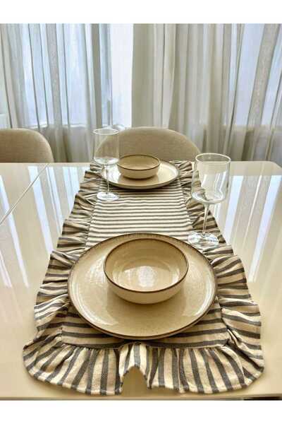 LILYUM Gri Çizgili-TAM Fırfırlı 40x110 Pamuklu Bej Ham Keten Runner