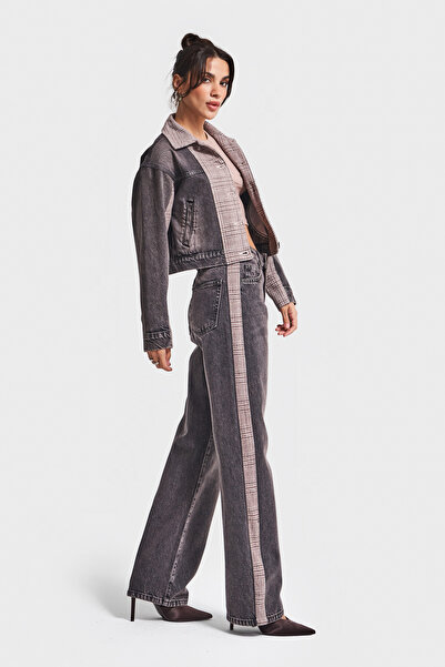 its basic Women's Stonewashed Dark Denim Color 4W5-143 Loose Fit Striped Detail Special Design Denim Jean