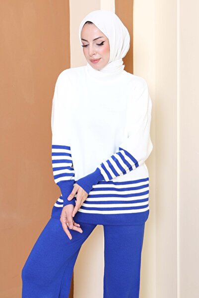 TOFİSA Ριγέ Πλεκτά Διπλό Σετ S μπλε κοβαλτίου - 27806-SAKS