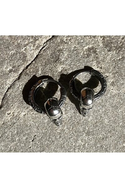 Viking Skull Dangle Hoop Earring Model 316L Stainless & Tarnish-Free Steel Earrings Pair