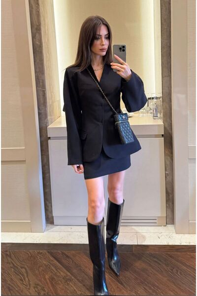 FMN Moda Mini Skirt Pocket Detail Shoulder Pad Balloon Sleeves V-Neck Stitching Button Open Design Equivalent Premium Jacket Suit