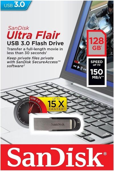 SanDisk Ultra Flair USB Flash Drive - 128GB - Silver