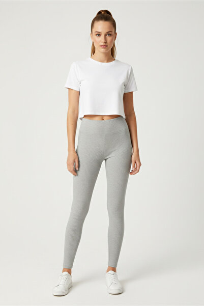 TOFİSA High Waist Corded Fabric Ribbed Knit Leggings Gray - 27951-Gri