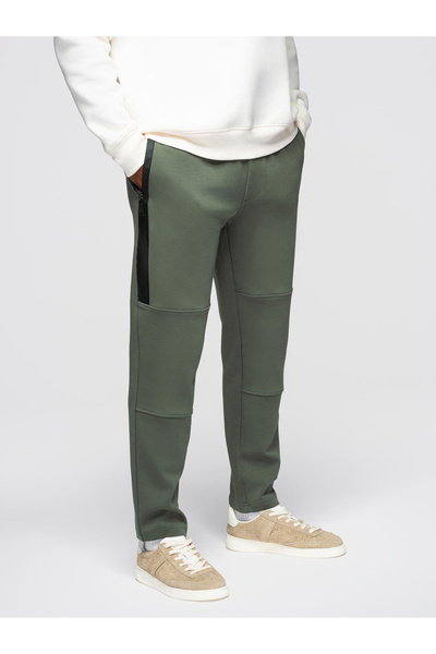 OMBRE Pánské tepláky s rovnými nohavicemi a elastickými detaily - tmavě olivové V4 OM-PASK-0281