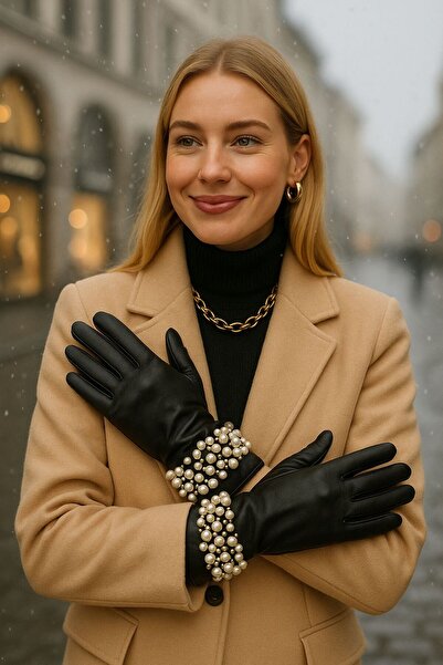 BALIENTE قفازات نسائية من الجلد الصناعي باللون الأسود مع لؤلؤ عند الكاحل