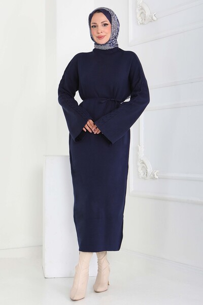 TOFİSA Kolda Örgü Detaylı Triko Elbise Lacivert - 27925-LACIVERT