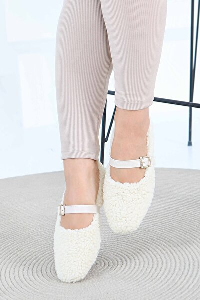 TOFİSA Women's Cream Plush Belted Ballerinas - 27792-Cream