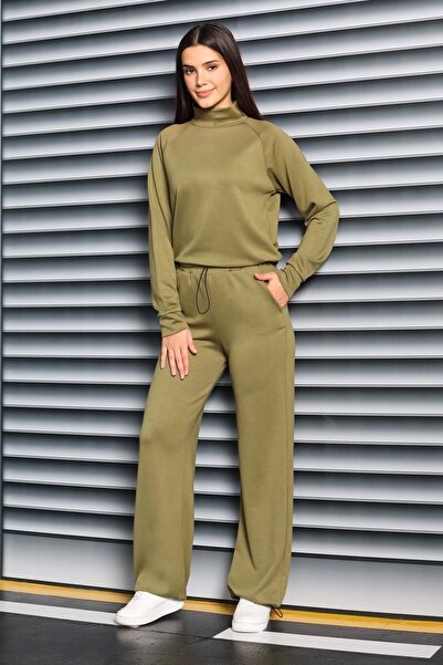 TOFİSA Ελαστική μέση με λεπτομέρεια Modal Διπλό Σετ Χακί - 27876-HAKI