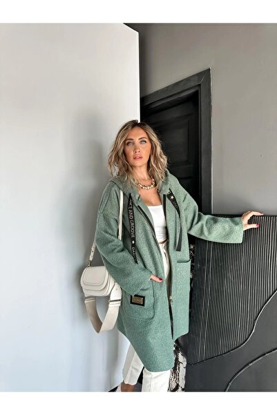 Robin Kadın Kapüşonlu Torba Cep Astarsız Hafif Buklet Kaşe Oversize Kaban