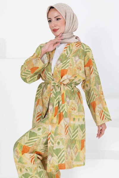 TOFİSA Patterned Kimono Double Set Green - 27436-Green