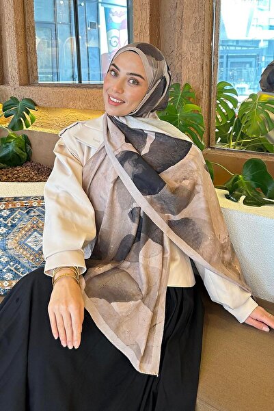 lamelif Yaprak Desen Bambu Şal vizonrengi