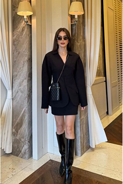 FMN Moda Mini Skirt Pocket Detail Shoulder Pad Balloon Sleeves V-Neck Stitching Button Open Design Equivalent Premium Jacket Suit