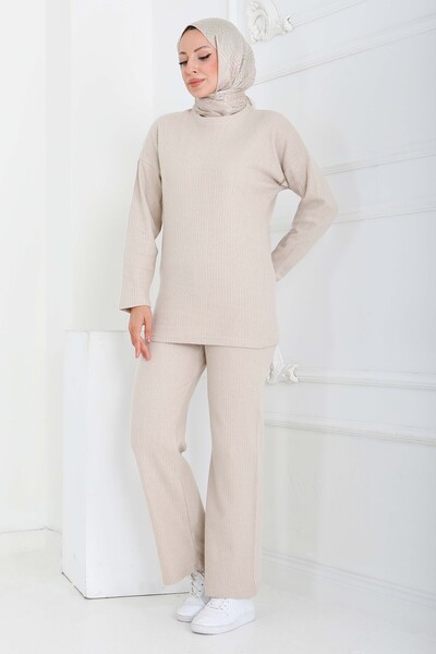 TOFİSA Interlock K Ribbed Knit Double Set Beige - 27837-Bej
