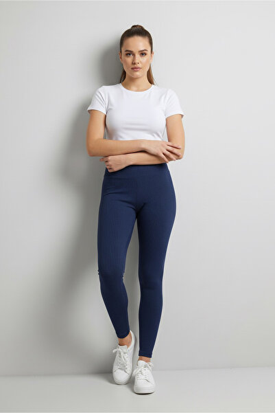 TOFİSA High Waist Corded Fabric Ribbed Knit Tights Navy Blue - 27951-Dark Blue