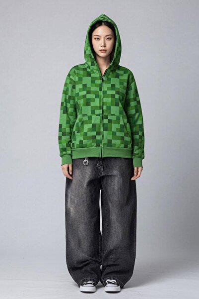 Karakedi Green Creeper Y2K Unsiex Hooded Cardigan